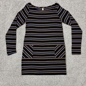 Lani California Dress Womens Medium? Black Stripe Boat Neck Long Sleeve Shift